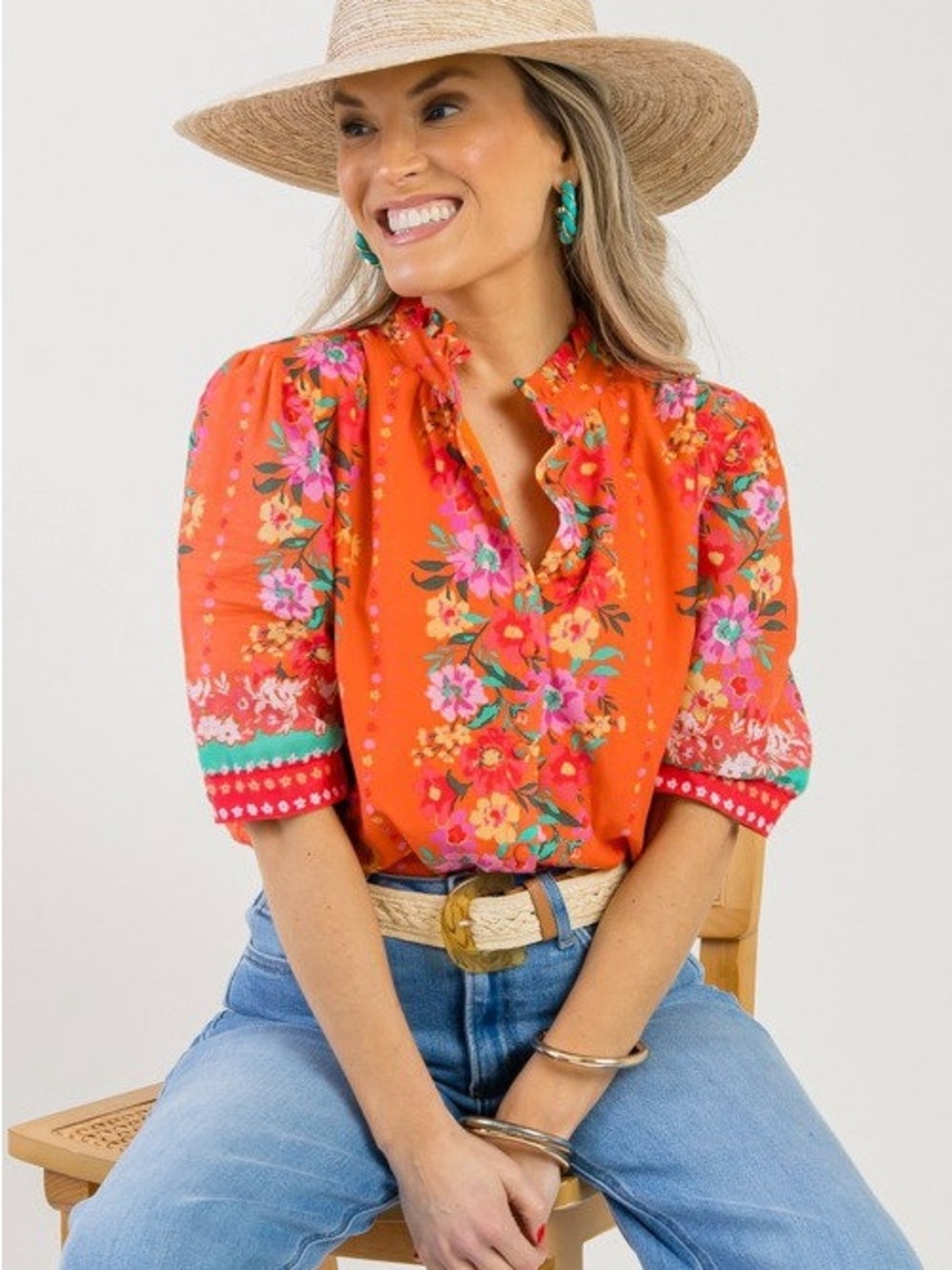 Floral Button Top, Orange Multi Color size Large